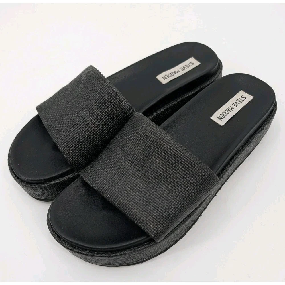 Steve Madden Kasper Slide Black Woven Platform Slip Ons Size 10 - Picture 2 of 9